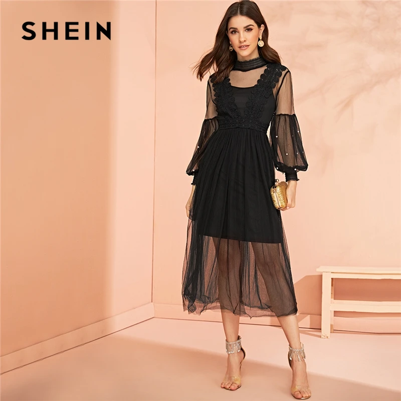 SHEIN Прозрачное Сетчатое Платье С Оригинальным Рукавом И Бусинами Нарядное Вечернее Платье На Бретельках С Открытой Спиной