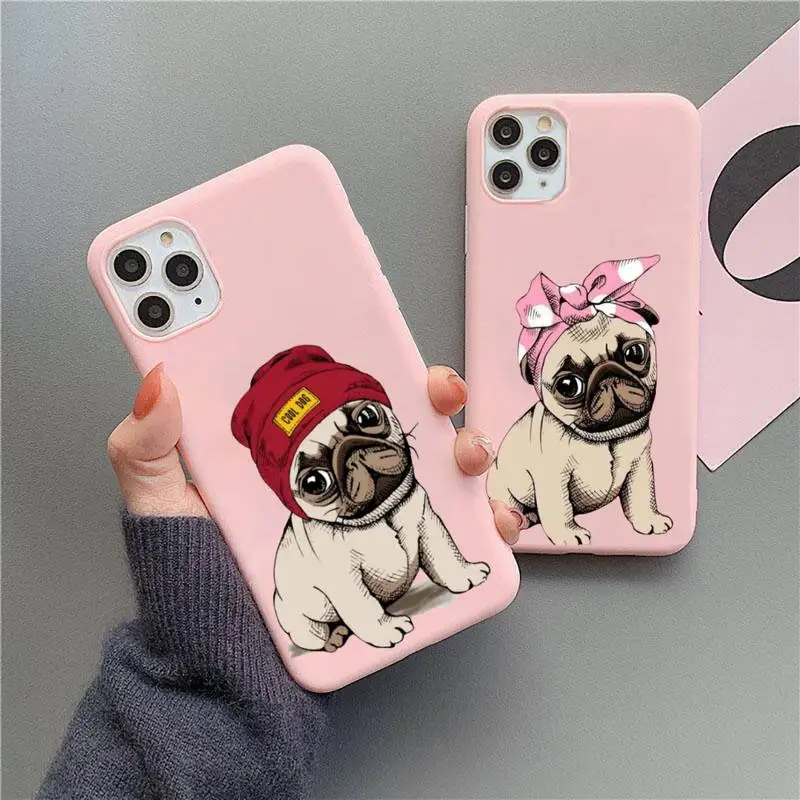 

Pug French Bull dog Phone Case For iphone 13 12 11 Pro Max Mini XS 8 7 6 6S Plus X SE 2020 XR Matte Candy Pink Silicone cover