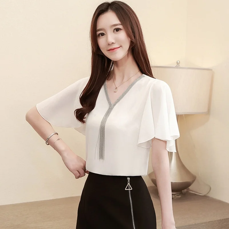 Women Shirt Summer Ladies Chiffon Blouse Female Short Sleeve Shirt 2020 Summer V-neck Fashion Top