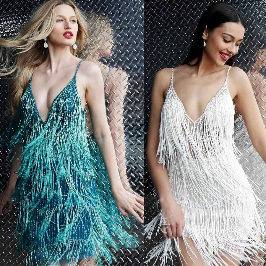 

Sexy Fringed V-neck Slim Dress Nightclub Outfit Party Dress Sequined Skirt 2022 New Year's Dress Short Sequined Women's Dress