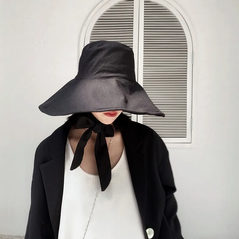 2021 New Summer Autumn Large Brim Fisherman Hat Women Cotton Linen Round Dome Bandage Bow Big Foldable Sun Hats Fishermen | Аксессуары