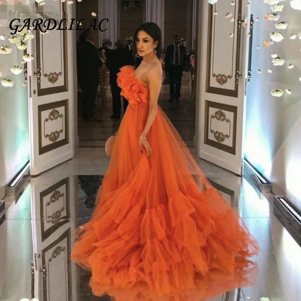 

Gardlilac Long Ruffles Tulle Prom Evening Dresses Strapless Tiered Tulle A Line Formal Dress 2021 Sweetheart Wedding Party Gown