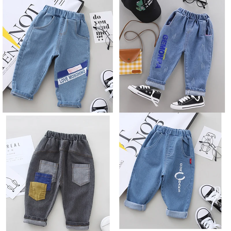 Детские джинсы с принтом алфавита Мягкие штаны из денима дырками для мальчиков и