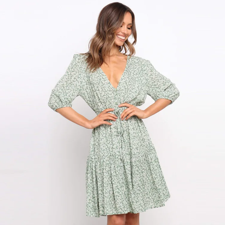 

Floral Printed Mini Dress Summer Sexy Deep V-neck Elastic Sleeve Lace-up Women Short Dresses Female Bohemian Casual Vestidos