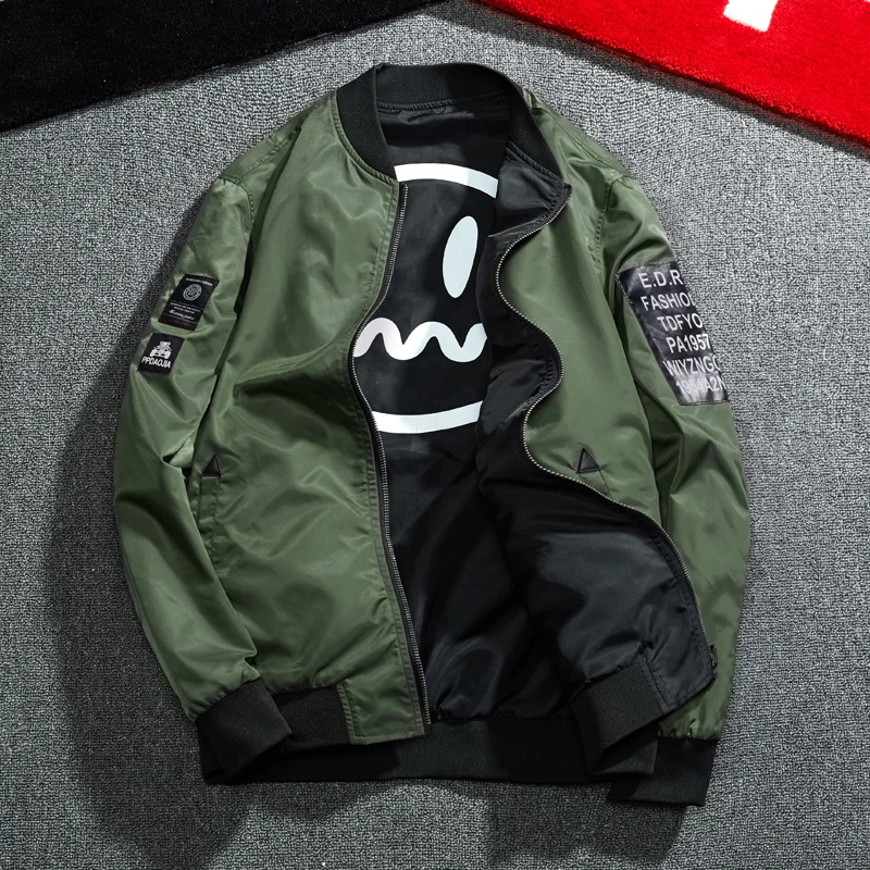 2019 мужская куртка бомбер с нашивкой зеленая Двусторонняя Тонкая Мужская