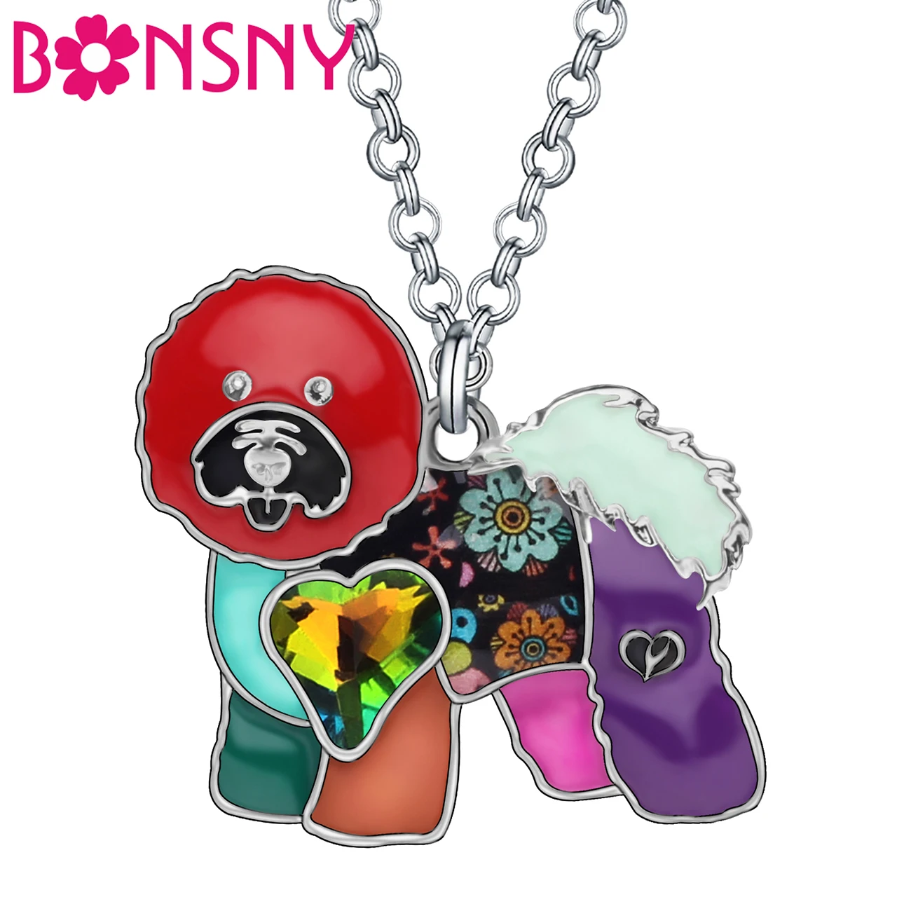 

BONSNY Rhinestone Crystal Enamel Alloy Floral Curly Hair Bichon Dogs Necklace Pendant Fashion Pets Jewelry For Women Girls Gifts