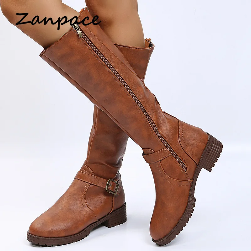 

2021 Large Size 43 Buckle High Tube Warm Womens Boots Fashion Side Zipper Round Toe Women Platform Shoes Leather Knight Boots