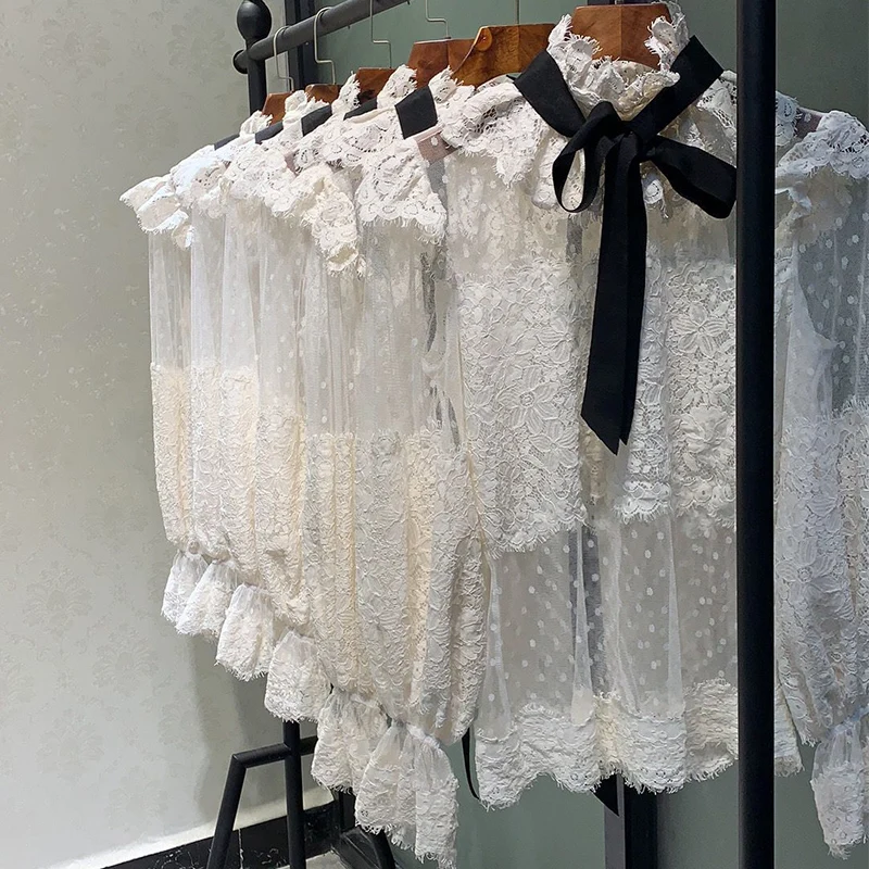 Женская кружевная блузка с бантом и воротником-стойкой полупрозрачная рубашка