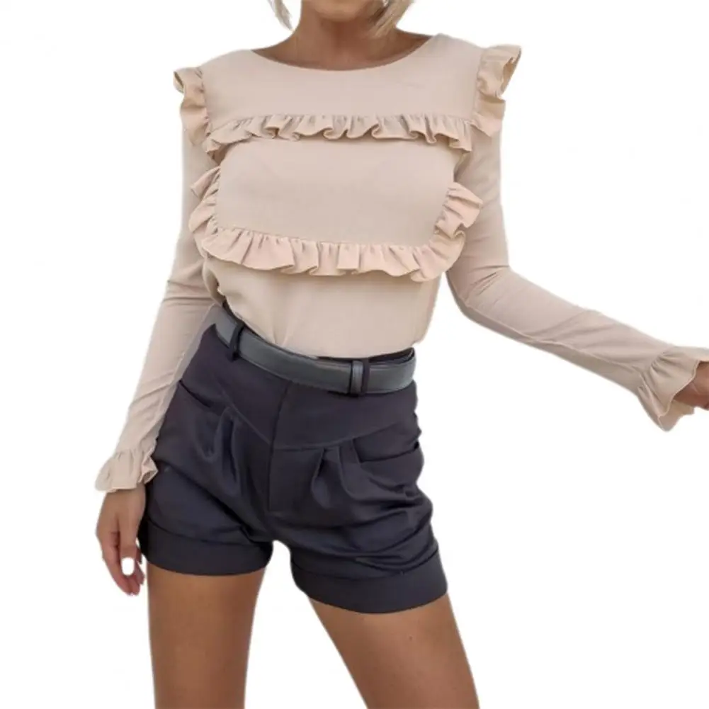 

Lady Stylish Top Flounce Edge O Neck Sexy Skin-friendly Blouse Solid Color Slim Autumn Shirt for Daily Wear