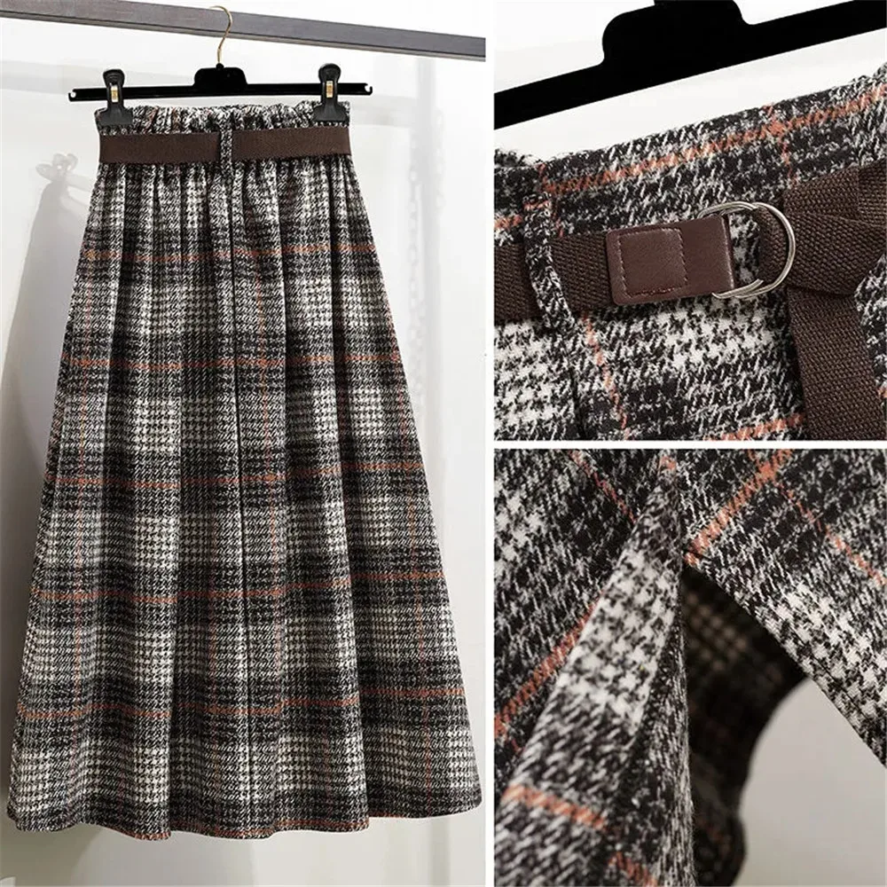 2022 Autumn Women Plaid Irregular Wool Midi Skirts Pleated Sashes England Style Vintage Warm A-Line Long Skirt Faldas Mujer Moda images - 6