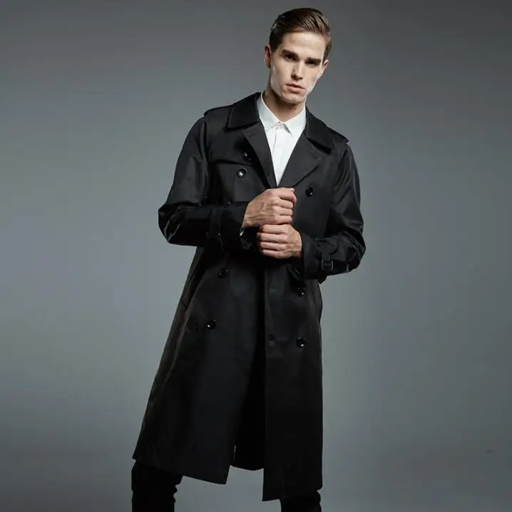 Мужской двубортный тренчкот Спайк! длинная модная одежда цвета хаки черного