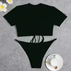 Женский купальник, летний модный сексуальный однотонный комплект бикини из двух предметов с V-образным вырезом, футболка, купальник пляжный костюм бикини D16 #