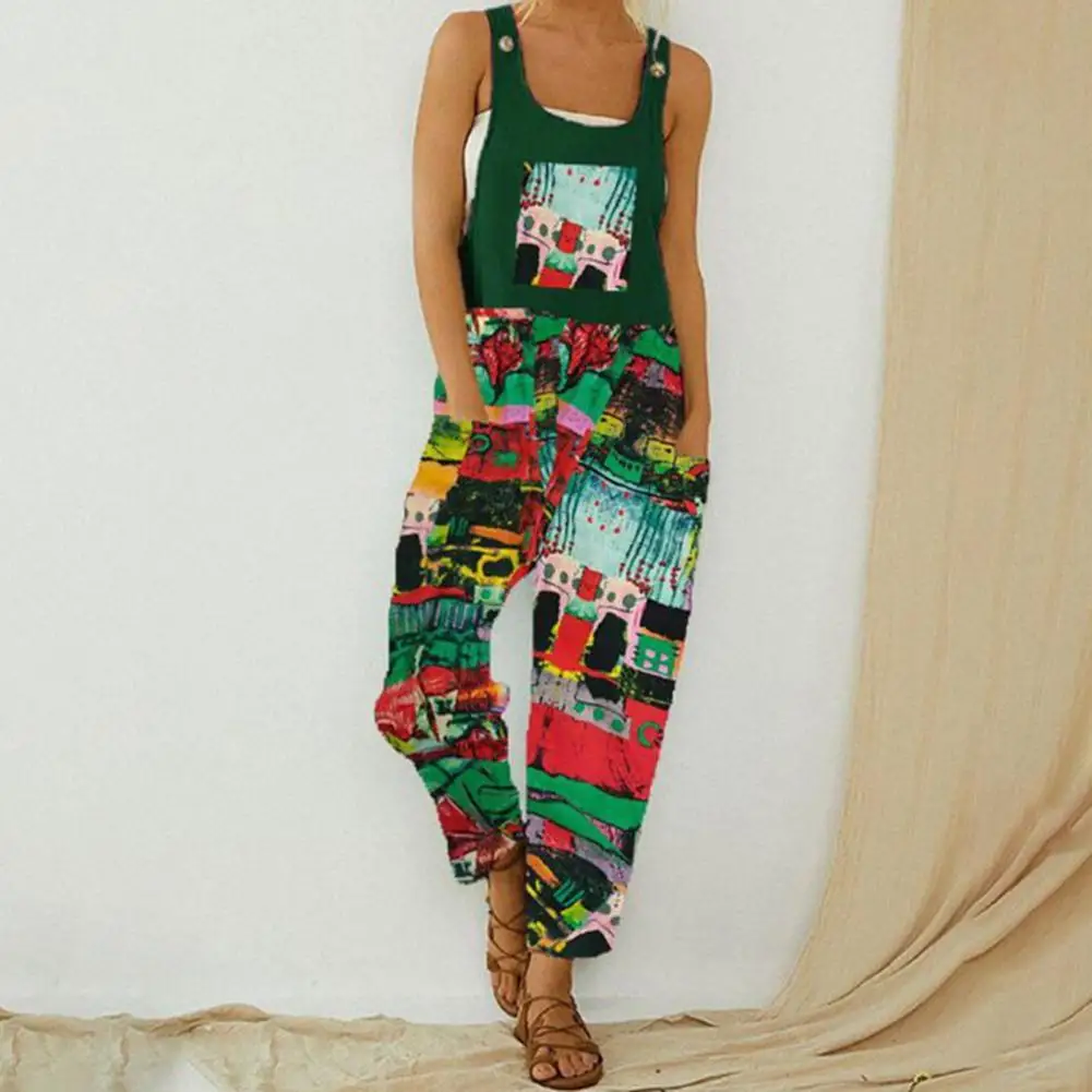 

Ladies Jumpsuit Graffiti Printing Loose 2 Colors Women High Waist Long Romper for Shopping