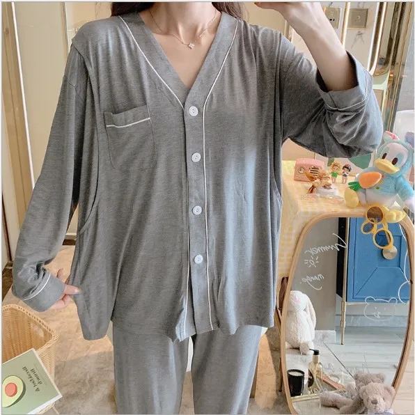 Fdfklak Modal Nightie Maternity Pajamas Clothes For Nursing Mothers Pijama Maternal Spring Autumn New Pregnancy Pijama enlarge