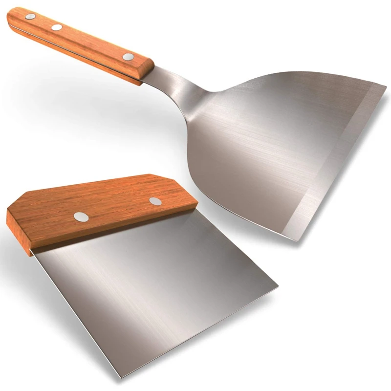 Griddle Accessory Tool Stainless Steel Metal Shovel with Wooden Handle for Barbecue Trays Dough Scraper Baking Tray B |