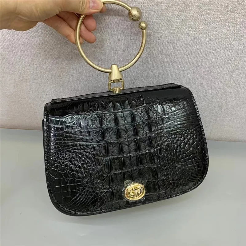 

Exotic Real Crocodile Skin Metal Bracelet Handle Handbag Women's Saddle Purse Genuine Alligator Leather Lady Cross Shoulder Bag