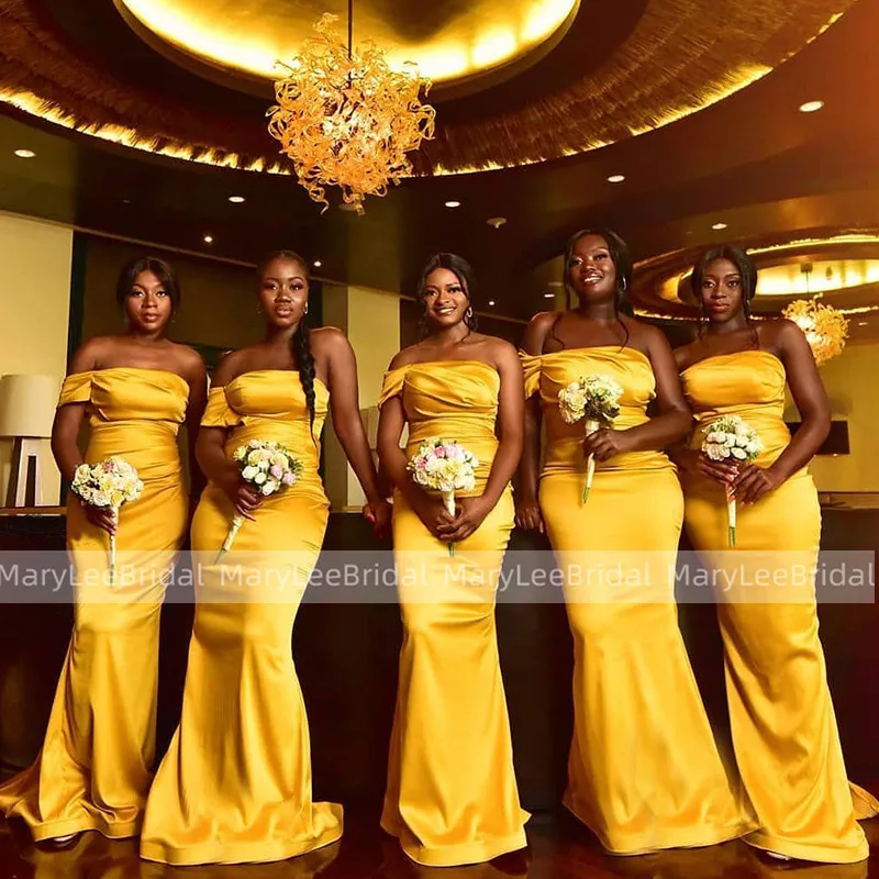 

Strapless Gold Yellow Mermaid Bridesmaid Dresses 2021 Pleats Satin Women Long Wedding Guest Dress robe de soire de mariage