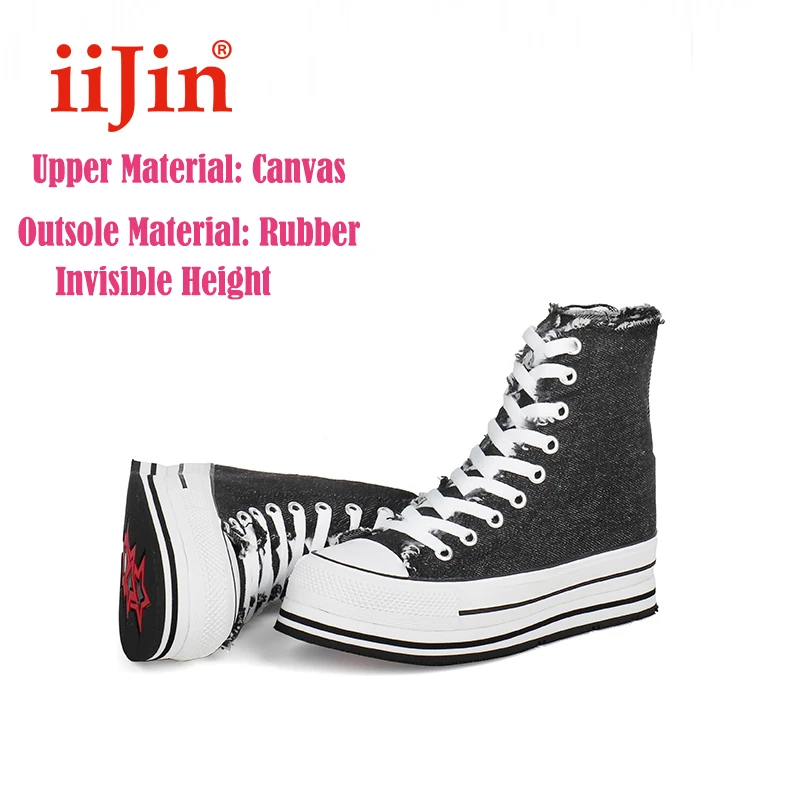 online Iijin 2021 Moda Feminina Oficial Primavera Outono Denim Alto Topo Tênis Retro Borda Crua Rendas Até Plataforma Sapatos Femininos Pretos