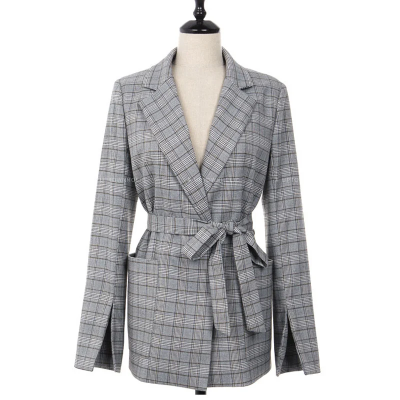 

Unbreakable Spring Autumn Women Gray Plaid Office Lady Blazer Fashion Bow Sashes Split Sleeve Jackets Elegant Work Blazers Femle