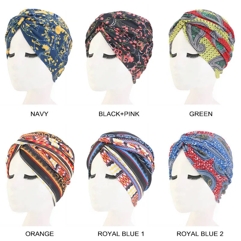 

Helisopus New African Style Printed Twist Turban Hat Cotton Cross India Hat Double Layer Chemo Cap Head Wrap Hair Accessories