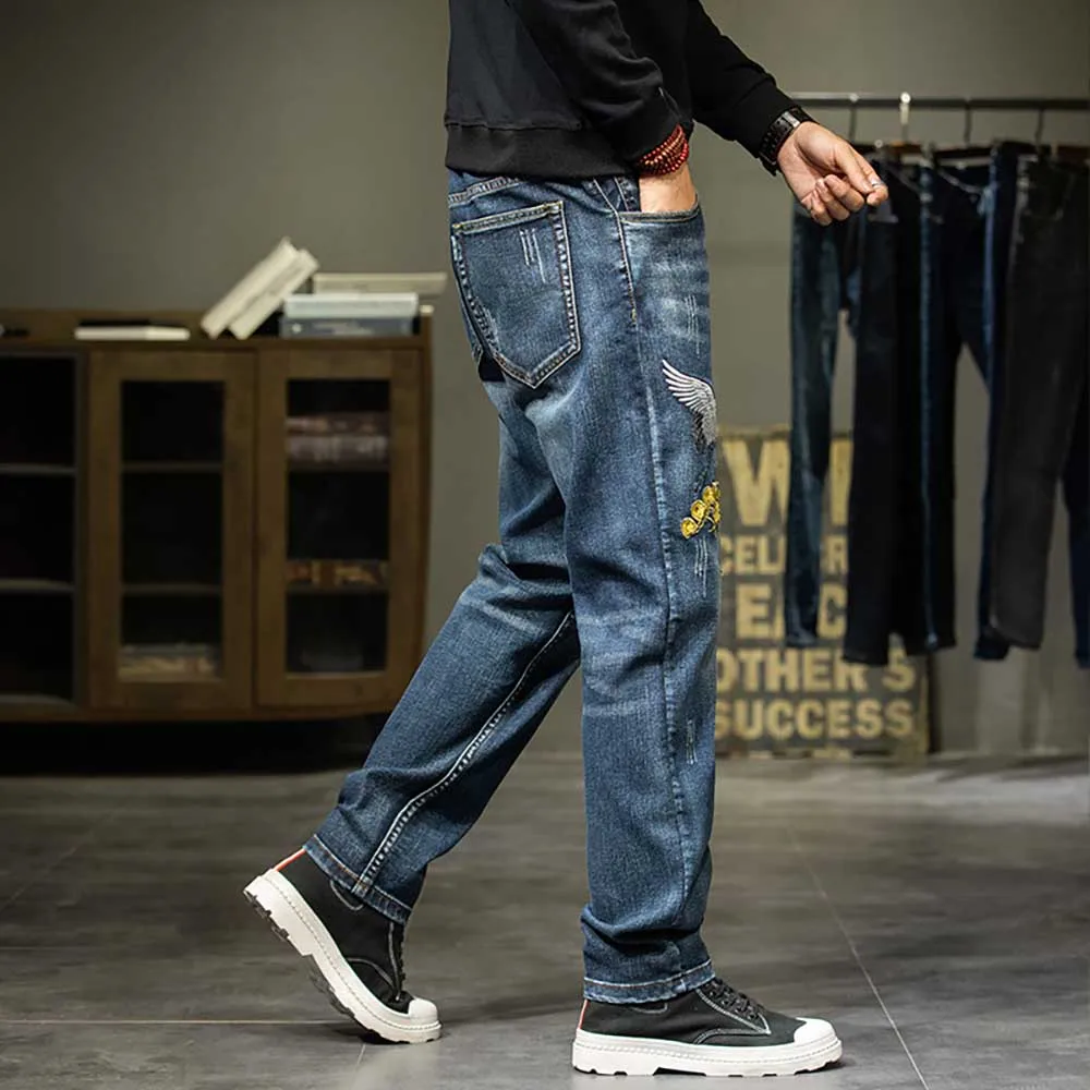 Men Fashion Embroidered Denim Straight Loose Baggy Pants Streetwear Casual Trousers Hiphop Plus Size Clothing