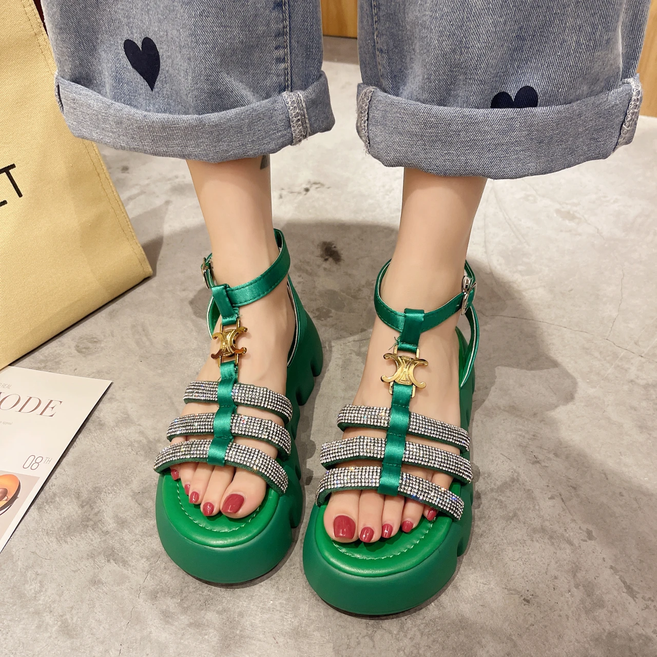 

Sandals Women Summer Fashion Women's Sandals Solid Color Rhinestones Buckle Strap Platform Sandals Zapato Mujer