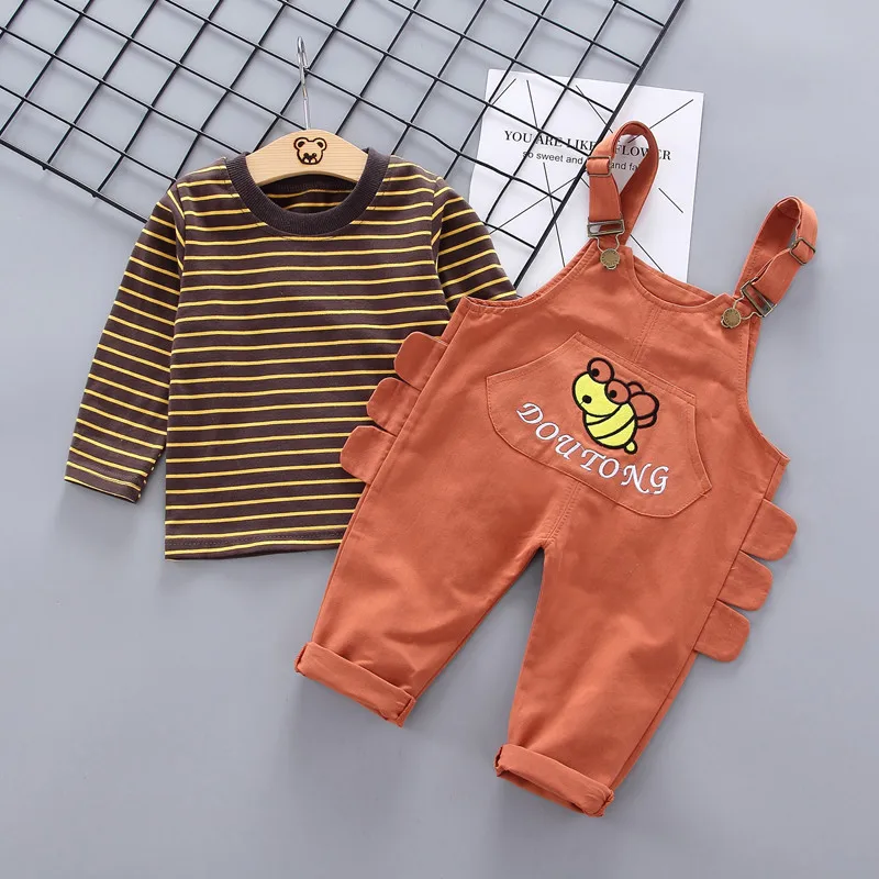 Осенняя одежда для малышей маленьких девочек костюмы футболка с полосками