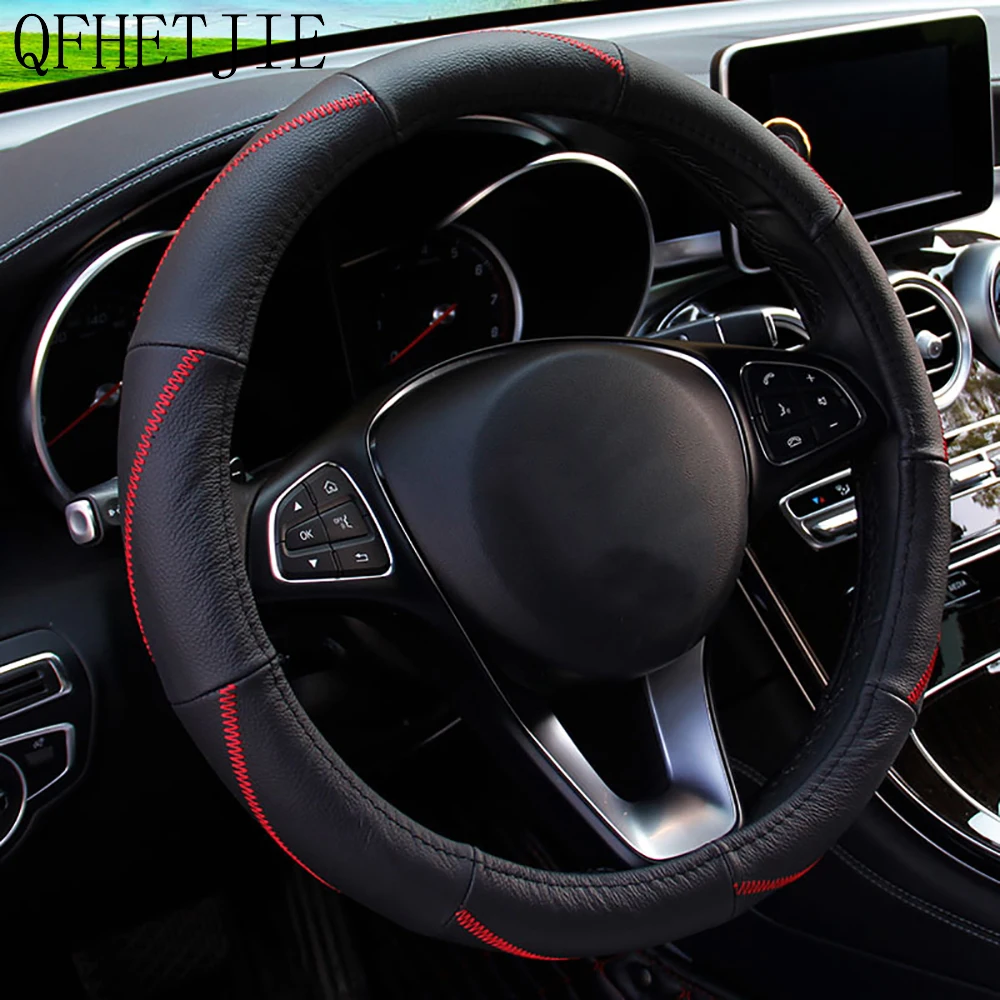 

QFHETJIE чехол рулевого колеса автомобиля воловья кожа Модный Новый Средний универсальный захват износостойкий, нескользящий и прочный