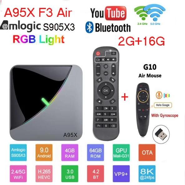 2G 16G G10 Android 9,0 RGB светильник Smart tv Box Amlogic S905X3 USB3.0 1080P H.265 4K 60fps Wifi Google Play Netflix Youtube A95X F3 Air 8K - Цвет: 2G 16G G10