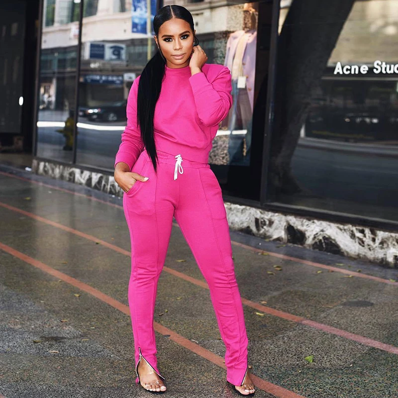 Pink Неоновый цвет, повседневный комплект из двух предметов, женский топ с круглым вырезом и длинными рукавами+ боковые карманы, на молнии, с разрезом, брюки-карандаш, большие размеры - Цвет: Pink