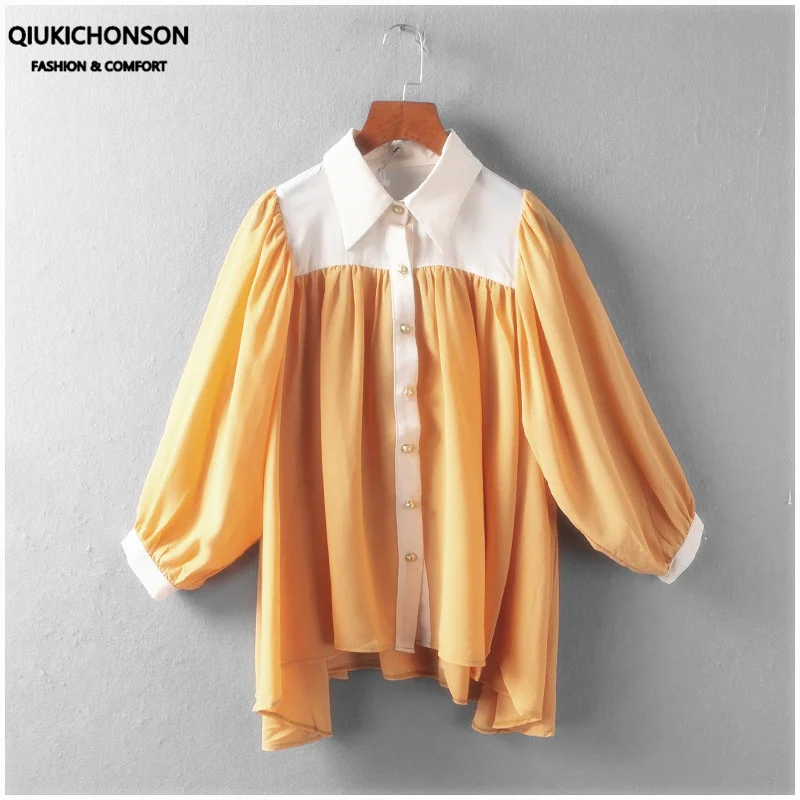 

Qiukichonson Asymmetrical Ruffles Summer Chiffon Shirts Women 2022 Korean Fashion Casual Ladies Lantern Sleeve Blouses Tops