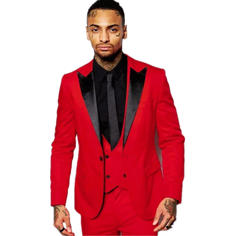 

New Men's suits Tailored suits Best Man Red Jacket Groomsmen Groom Tuxedos Black Notch Lapel Wedding Suit