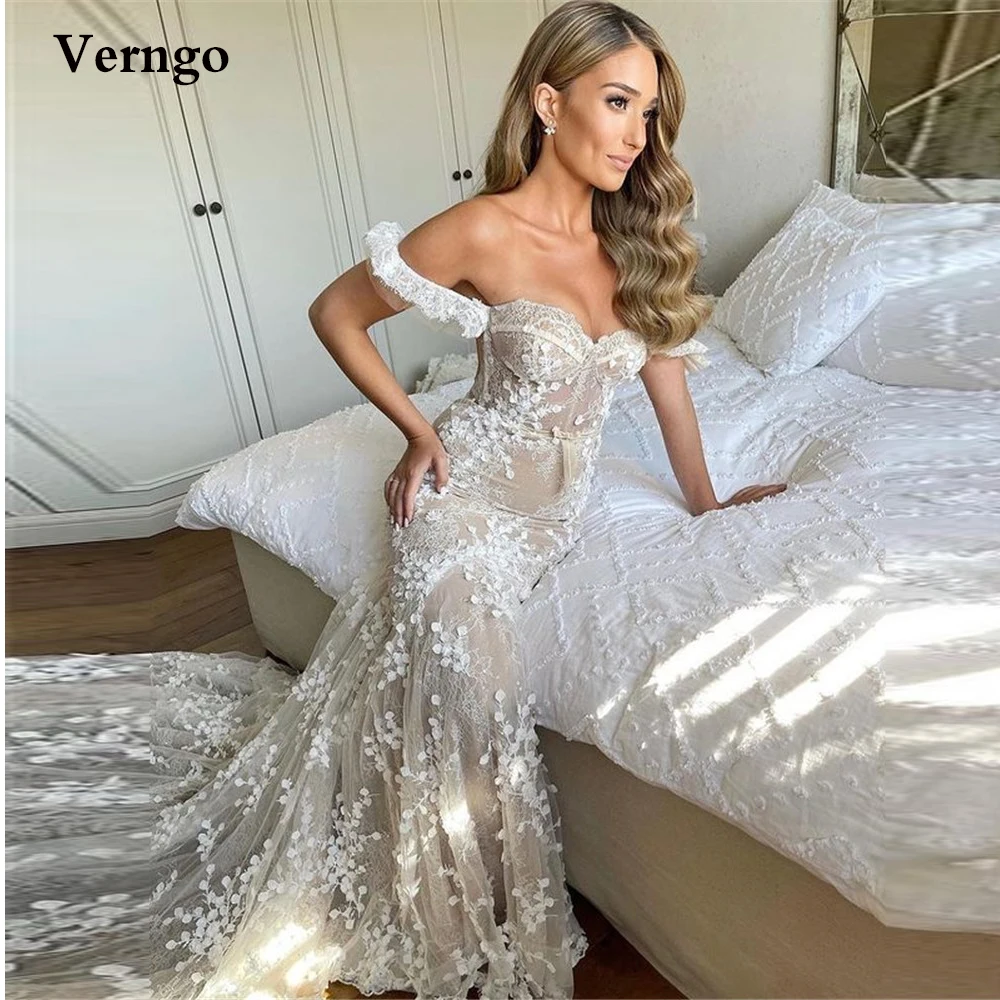 

Verngo Sexy Off the Shoulder Lace 3D Floral Wedding Dresses Mermaid Sweetheart Sweep Train Bridal Gowns Stylish Robe de mariage
