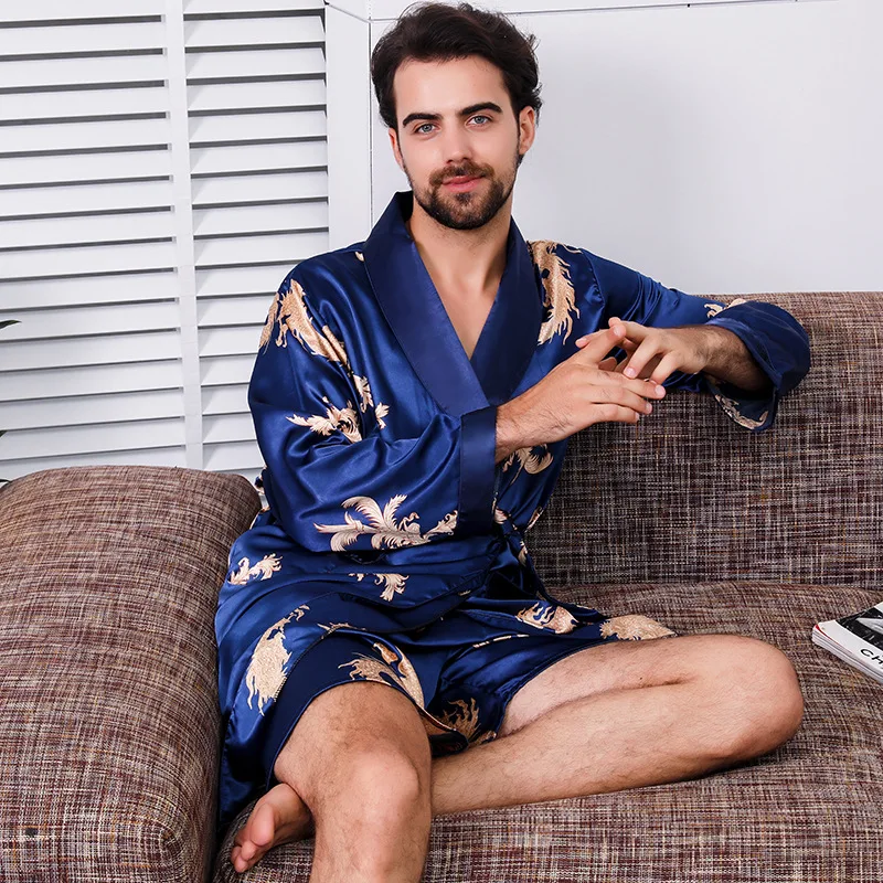 

Summer Nightgown Men'S Silk Robes Shorts Two-Piece Suit Thin Section Long-Sleeved Plus Size Bathrobe Satin Silk Sleepwear