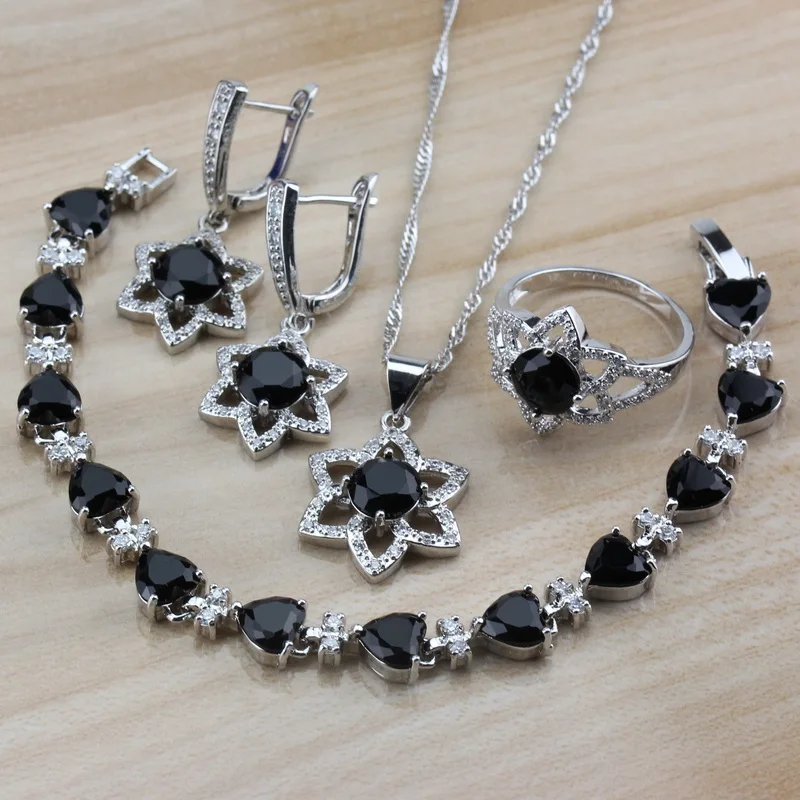 Модные вечерние костюмы серебряного цвета с черным фианитом 4 шт. ювелирные