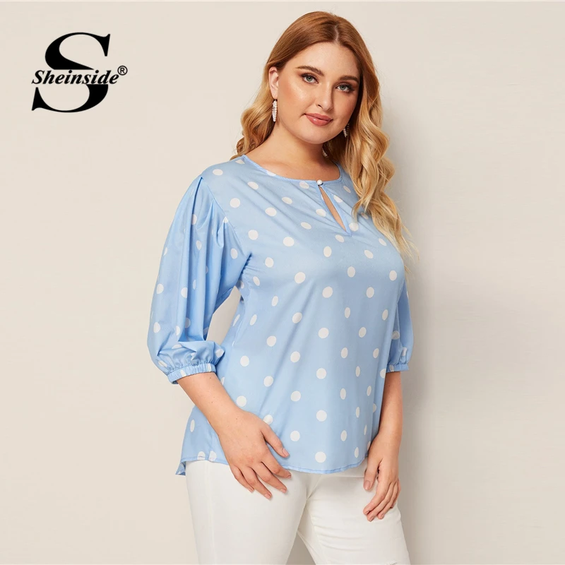 Sheinside/Большие размеры, блузка в горошек с коротким рукавом, Женская Осенняя коллекция года, эластичные Блузы с манжетами, женская синяя блузка с вырезом спереди