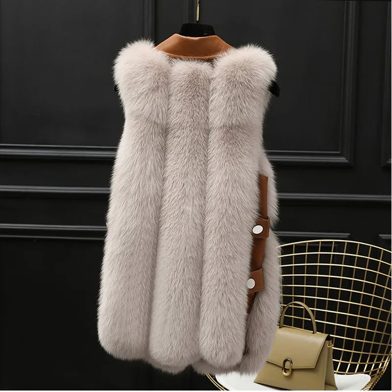 FURSARCAR 70cm Long Genuine Motorcycle Leather Vest For Women Real Natrual Fox Fur Waistcoat Feamle Winter Sheep Skin Fur Gilet