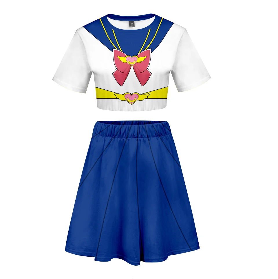

Женский костюм для косплея, комплект из двух предметов с 3D-принтом, короткий топ с коротким рукавом и юбка, костюм для косплея для девочек