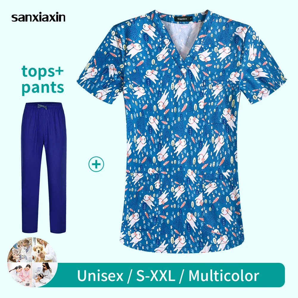 

Short Sleeved V-neck Nursing Scrubs Women Tops Cute Cartoon Animal Print Drawstring Working Uniform Blouse Costume Shirts Female