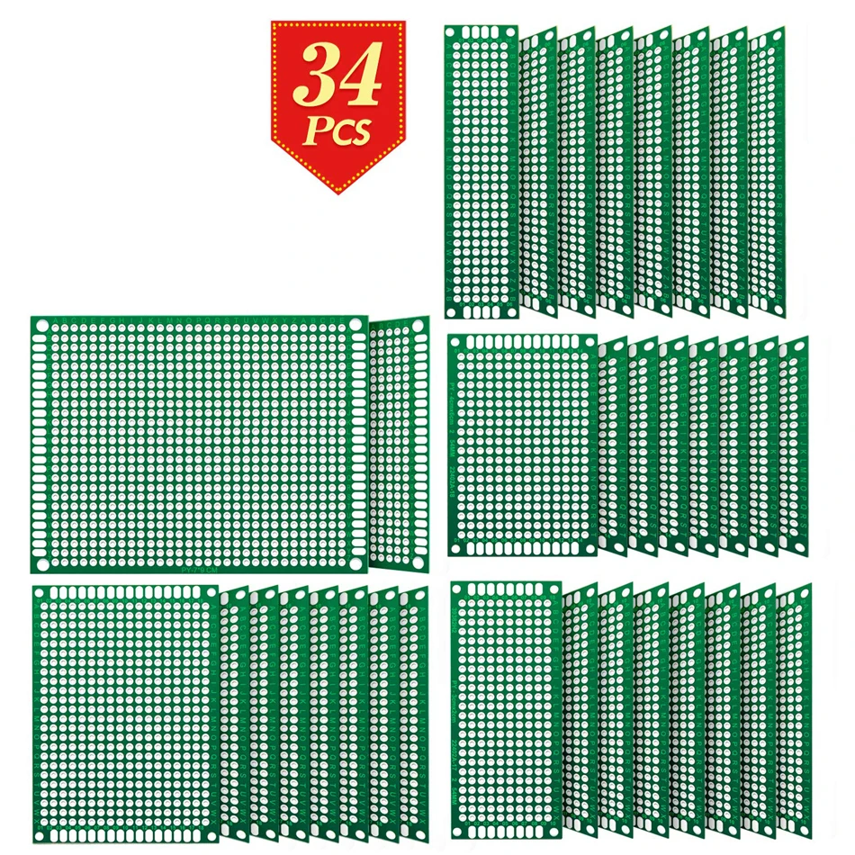 

34Pcs Double Sided PCB Board Tinned Through Holes 2X8/3X7/4X6/5X7/7x9 cm Prototype Kit FR4 Printed Universal Circuit Perfboard