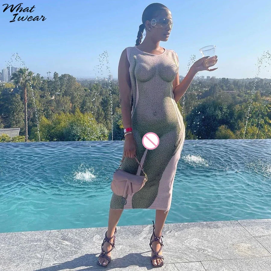 

Платье-Макси женское летнее облегающее без рукавов с круглым вырезом