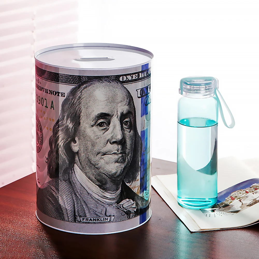 Высокое качество металла Жесть цилиндр свинья копилка для евро доллар картина