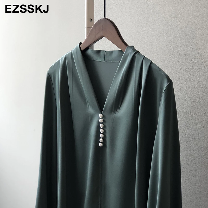 

elegant women's Blouse 2021 female blouse shirt spring new beaded V-neck long-sleeved satin shirt for women