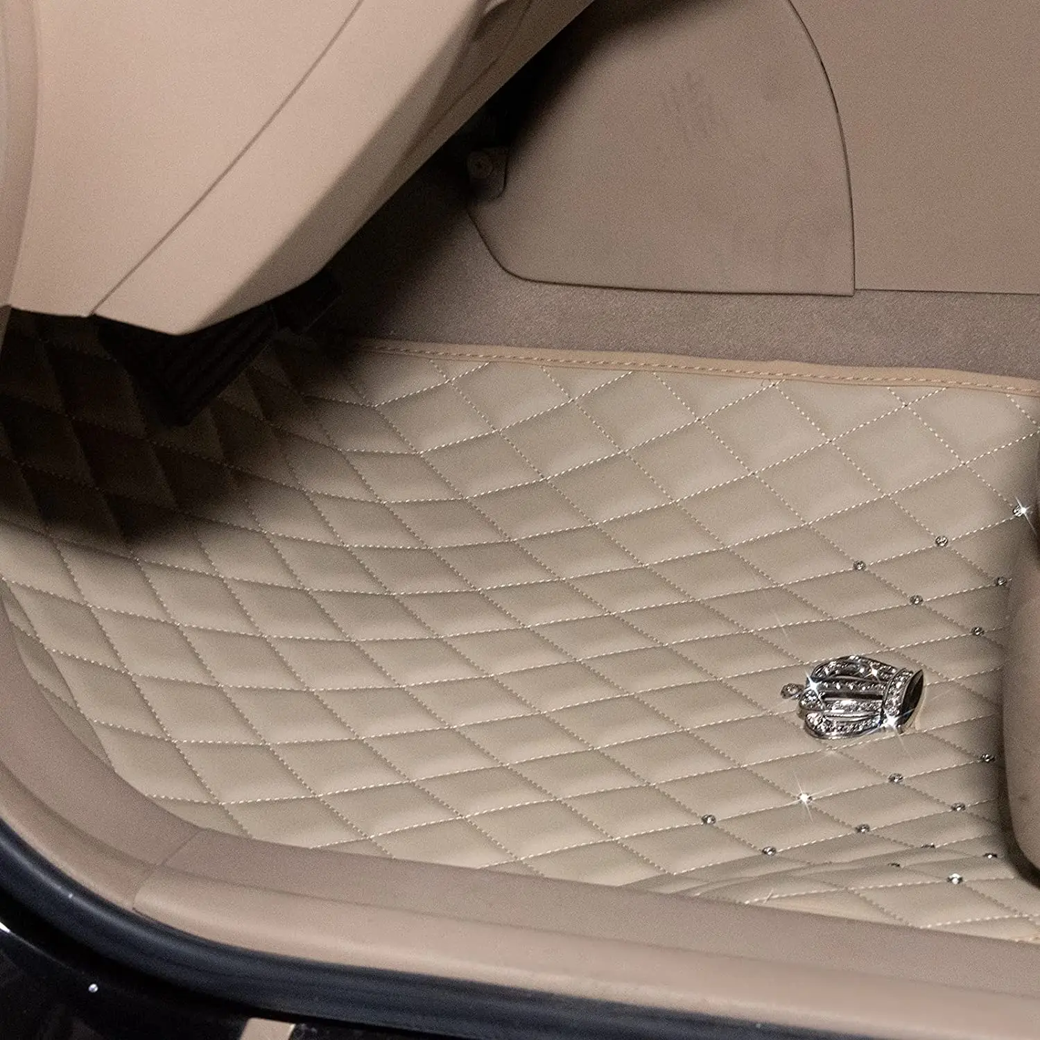Beige Pu Leather Floor Mats for Car SUV & Truck 5 Pack/Set (Front Rear) Duty Protection Automotive Cushion Crown Diamond Decor |