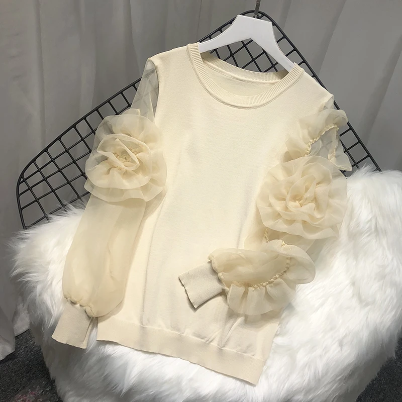 ALPHALMODA стерео цветок Oganza рукав трикотажная рубашка Женская свободная винтажная вязанная Топ стиль осень винтажный джемпер осень