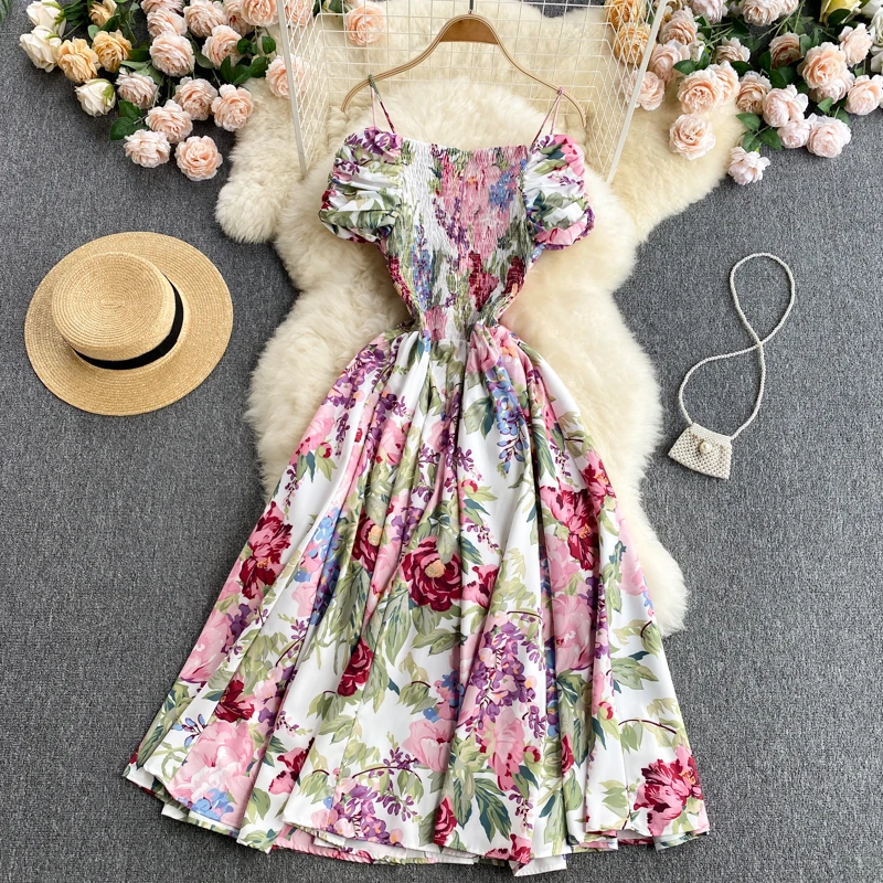 

2021 Summer Elegant Floral Printed Dress Women Sweet Square Collar Off The Shoulder Backless Midi Holiday Party Sexy Robe Femme