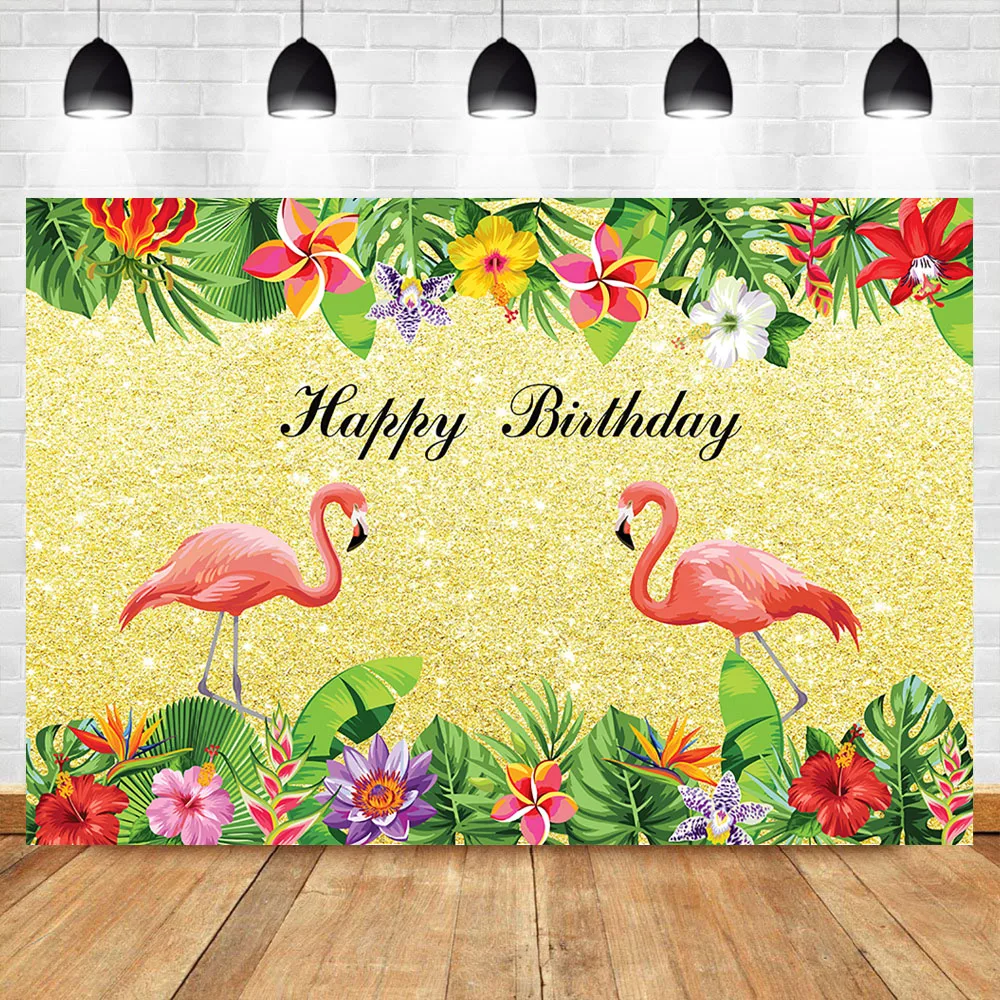 Фон для фотосъемки с изображением фламинго дня рождения золотого блеска цветов