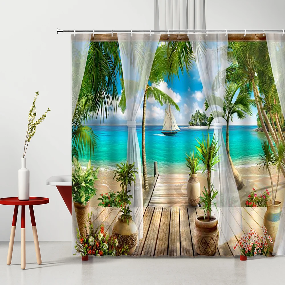 

Seaside Scenery Shower Curtain Ocean Sailboat Tropical Plant Coconut Tree Flower Bathroom Decor Natural Landscape â€‹Bath Curtains