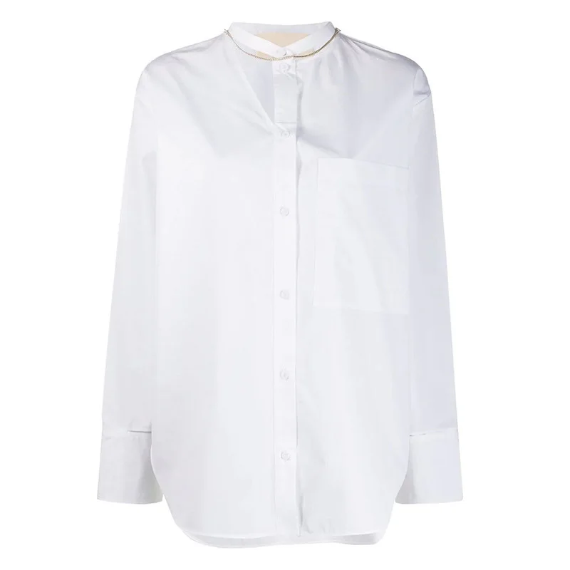 

DEAT Women White Hollow Out Halter Sexy Blouse New Stand Collar Long Sleeve Loose Fit Shirt Fashion Spring Autumn 2021 GX883