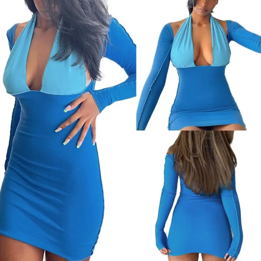 

Женское платье-футляр с лямкой на шее, Цветные Лоскутные платья с V-образным вырезом, длинным рукавом и вырезами для взрослых